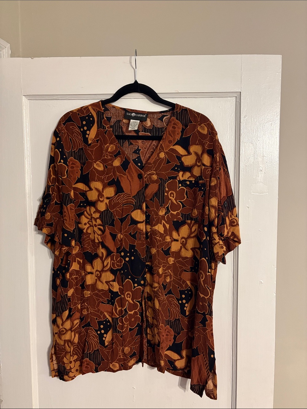 Sag Harbor Black Floral Button-Up Top with Rust & Mustard Blooms